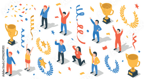 Diverse people celebrating victory with trophies and confetti in isometric style