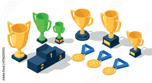 Isometric trophy and medal set on podium for competitions and achievements
