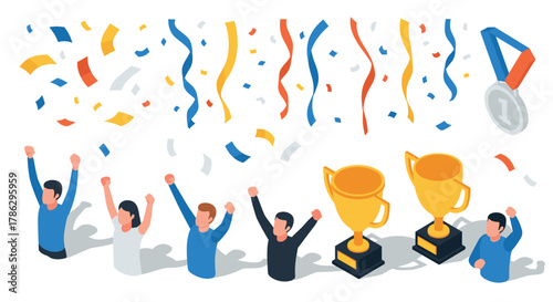 Celebrating victory with confetti, trophies, and medals in isometric style