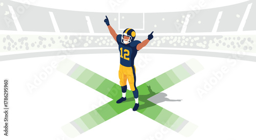 American football player celebrating touchdown on stadium field