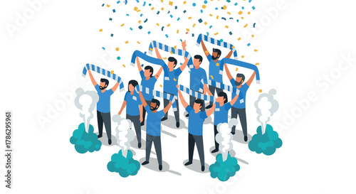 Isometric group cheering with scarves and confetti in celebration scene
