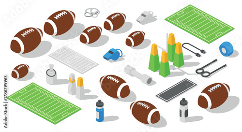 Isometric american football equipment set with field and gear elements