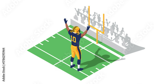 Isometric american football player celebrating touchdown on field with crowd