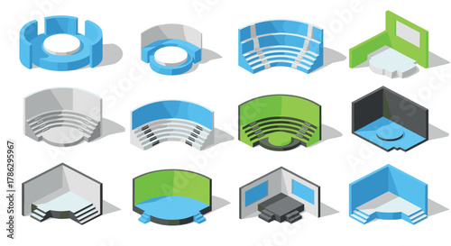 Isometric architectural icons in blue and green - 3d building elements collection