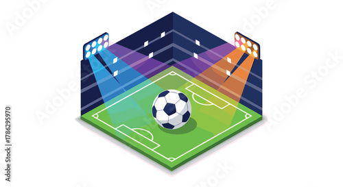 Isometric soccer field with stadium lights and soccer ball
