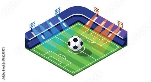 Isometric soccer stadium with floodlights and ball on vibrant field