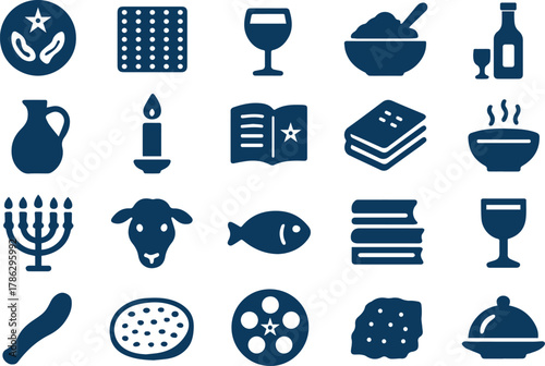 Passover seder icons isolated on white background set includes matzah, wine, seder plate, charoset, maror, karpas, chazeret, beitzah, zeroa, salt water, haggadah, and more
