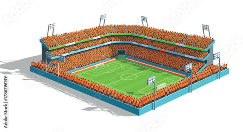 Colorful isometric soccer stadium packed with enthusiastic fans on a bright day