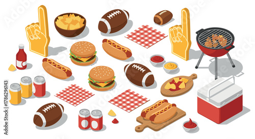 Isometric tailgate party essentials with food, drinks, and sports gear