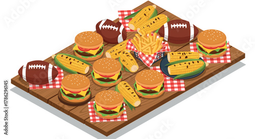 Isometric picnic feast with burgers, corn, and football elements for tailgate party