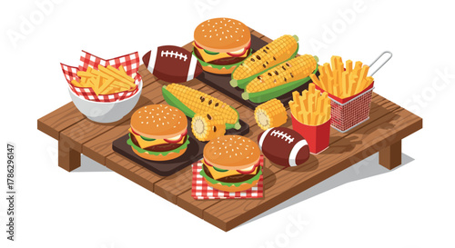 Isometric picnic table with burgers, fries, and grilled corn for game day celebration