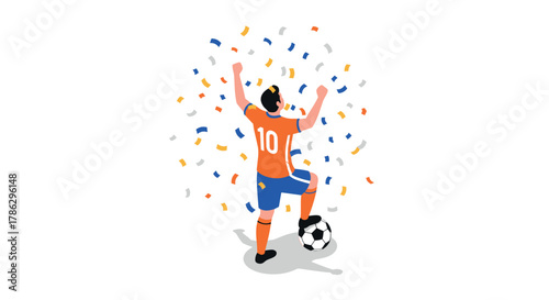 Soccer player celebrating with colorful confetti in isometric style