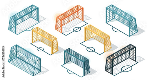 Isometric soccer goal set in bold colors with shadow effects for sports design