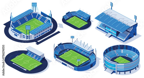 Isometric soccer stadium set: diverse football arena designs in blue tones
