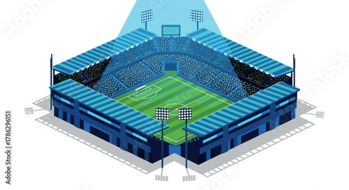 Modern isometric soccer stadium under spotlight with bright seats and green field