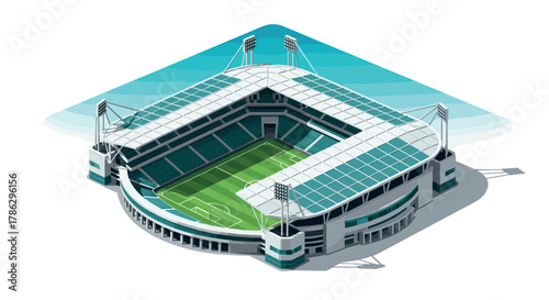 Modern isometric sports stadium with green soccer field and stands