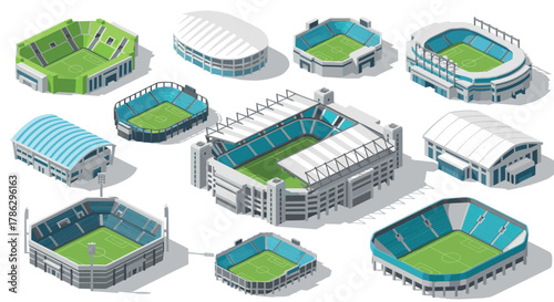 Isometric soccer stadiums set: modern arena designs and architecture collection
