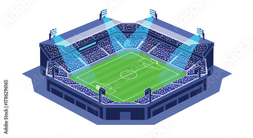 Modern isometric soccer stadium with bright lights and detailed seating