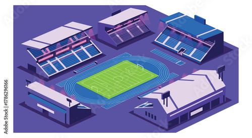 Isometric stadium complex with football field and grandstand in vibrant colors