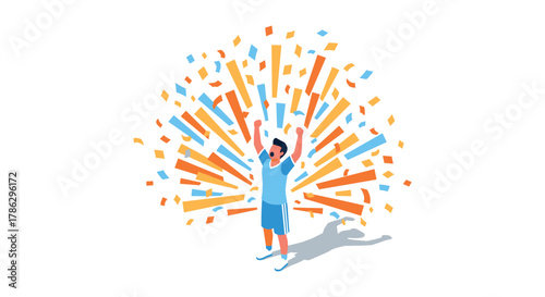 Celebratory moment with festive confetti and excited character in isometric style