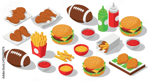 Isometric fast food and sports essentials: burgers, fries, and footballs