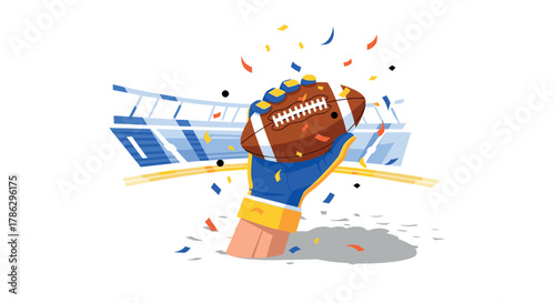 Triumphant hand raising football in colorful stadium celebration