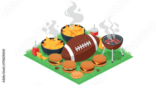 Tailgate party with american football, grilled food, and snacks in isometric style