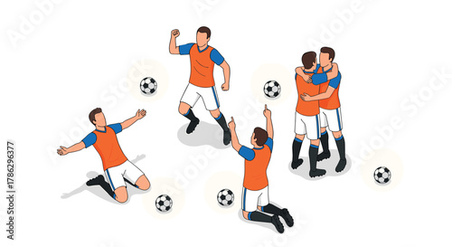 Soccer team celebration with players and ball in isometric style