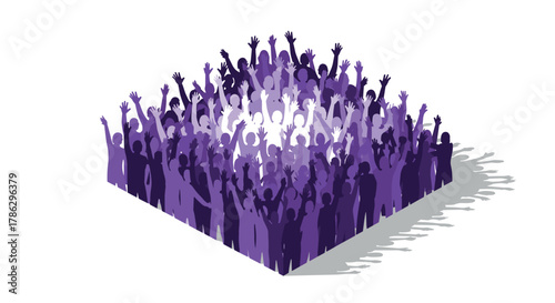 Celebration in purple tones: diverse crowd with raised hands in silhouette style