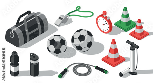 Isometric sports equipment collection with soccer balls and training gear