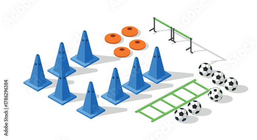 Isometric sports equipment set with cones, hurdles, ladders, and soccer balls for training