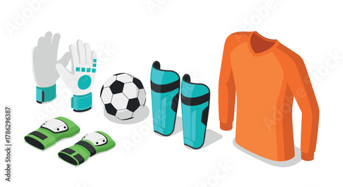 Soccer goalkeeper equipment set in isometric style: gloves, ball, shin guards, jersey