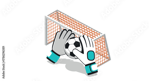 Isometric soccer goal with gloves and ball: dynamic sports design