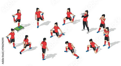 Isometric women soccer players stretching in various poses on white background
