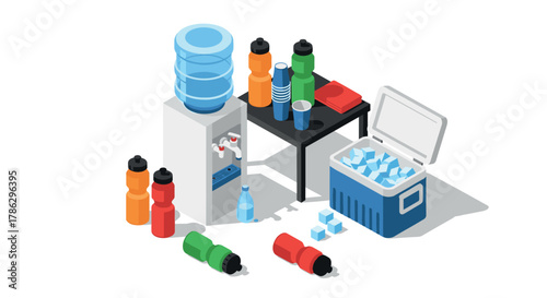 Isometric office refreshment station with water coolers and bottles
