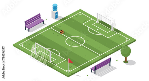 Isometric 3d soccer field with benches and ball on a sunny day