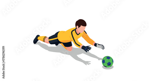 Isometric goalkeeper in yellow kit diving to catch soccer ball