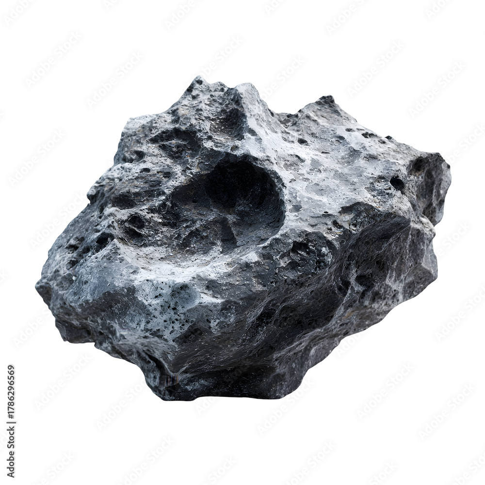 Fototapeta premium Close up of a rough textured dark grey mineral rock with visible crystalline structures isolated on transparent background