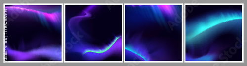 Aurora borealis gradient background set with northern light in abstract fluid waves. Vibrant teal, purple and pink glow with dynamic energy flow for modern digital wallpaper or poster designs.