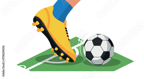 Soccer boot kicking ball on field in modern flat design