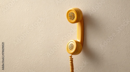 Yellow old fashioned telephone handset hanging on a simple textured wall, representing vintage communication, connection, and nostalgia with ample copy space