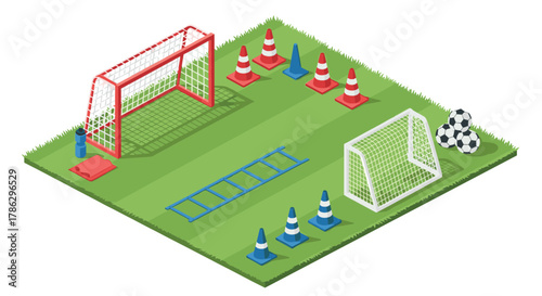 Isometric soccer training field with cones, goals, and ladder on grass