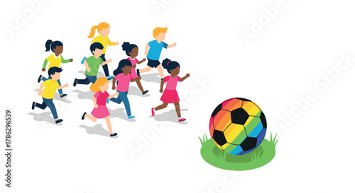 Diverse group of children running toward a colorful soccer ball in isometric style