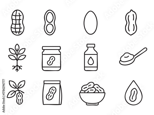 peanut minimal line icon set, black color and white background