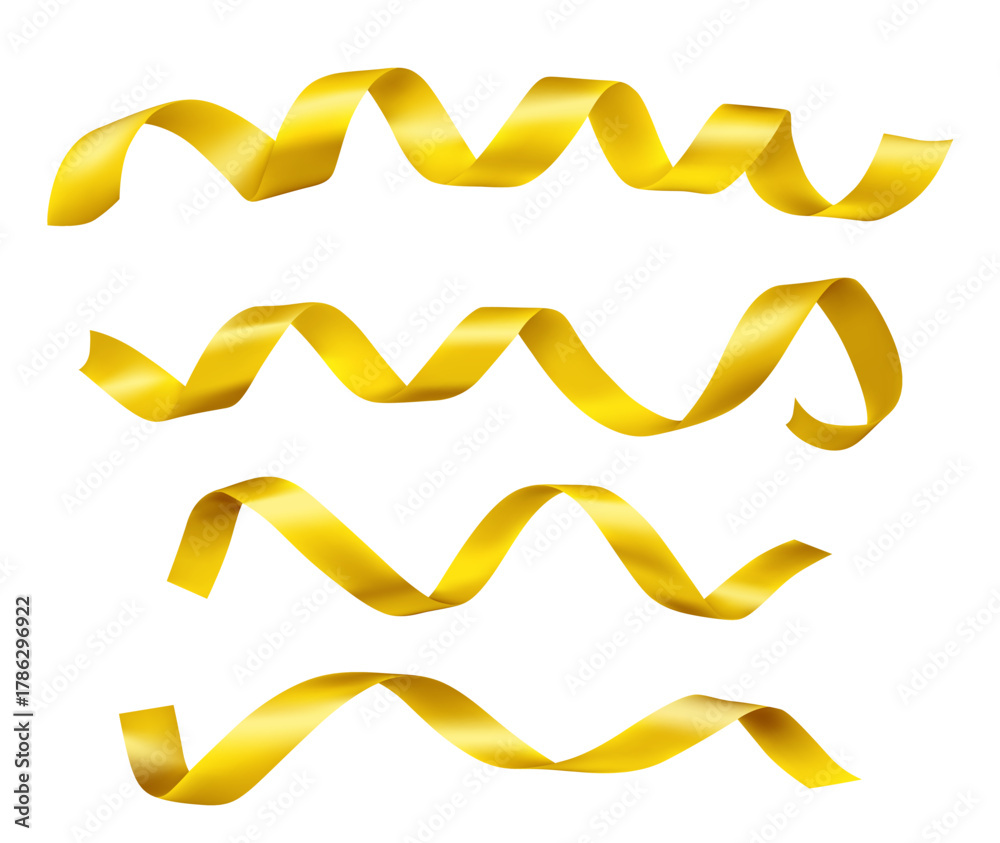 Fototapeta premium Golden satin ribbons with metallic shine isolated on white background - curled and twisted bands for gift wrapping, celebration decoration or festive design. Glossy gold silk wavy tape elements.