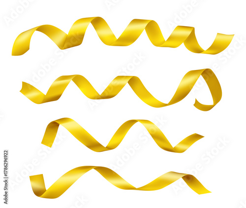 Golden satin ribbons with metallic shine isolated on white background - curled and twisted bands for gift wrapping, celebration decoration or festive design. Glossy gold silk wavy tape elements.