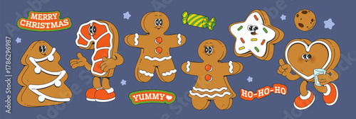 Retro xmas gingerbread cookie character sticker set with groovy cartoon figures. Festive baked treats - tree shape, classic man and woman, heart shape holding milk, candy cane and seasonal labels.