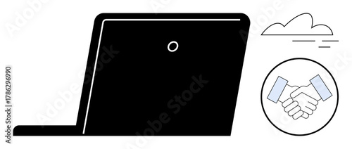 Abstract design with a laptop, handshake symbolizing partnership, and a cloud icon for digital connection. Ideal for teamwork, online communication, technology, collaboration, business deals, remote