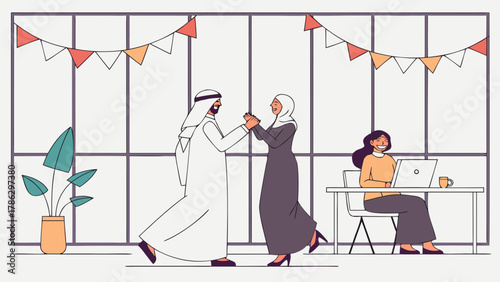 Arabian Culture Celebration in Modern Workspace Vector Illustration