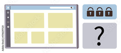 Browser window and interface blocks with locks and question mark highlighting cybersecurity, restricted access, encryption. Ideal for online privacy, user authentication, confusion, safety